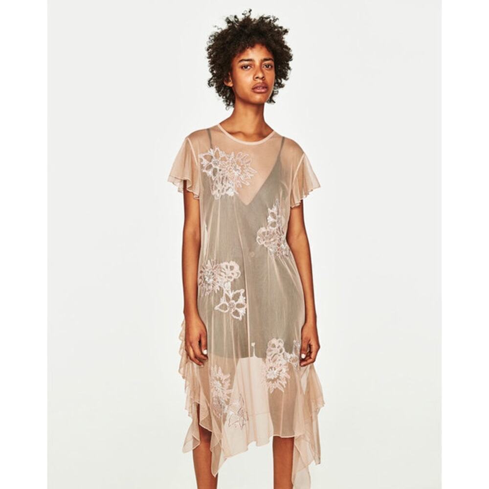 Zara Sheer Embroidered Asymmetrical Midi Dress